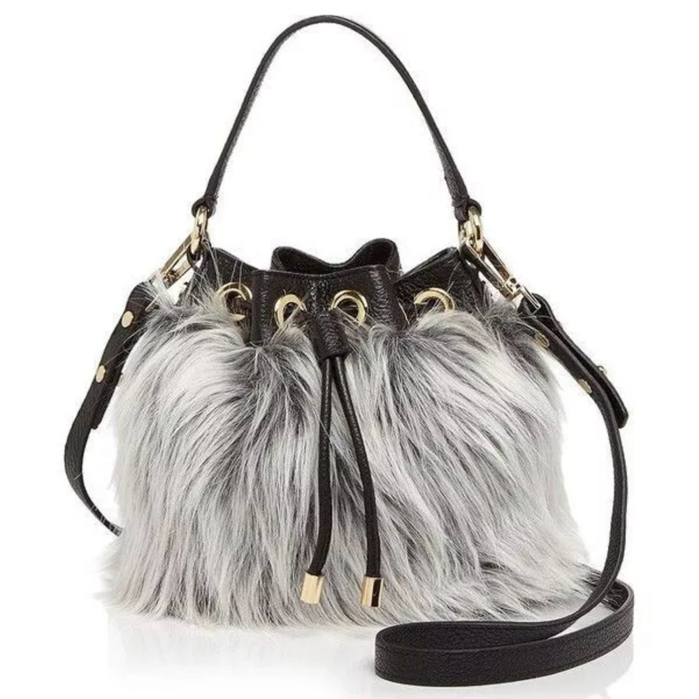 MILLY New York Small Drawstring Bucket Bag -Black/White Faux Fur